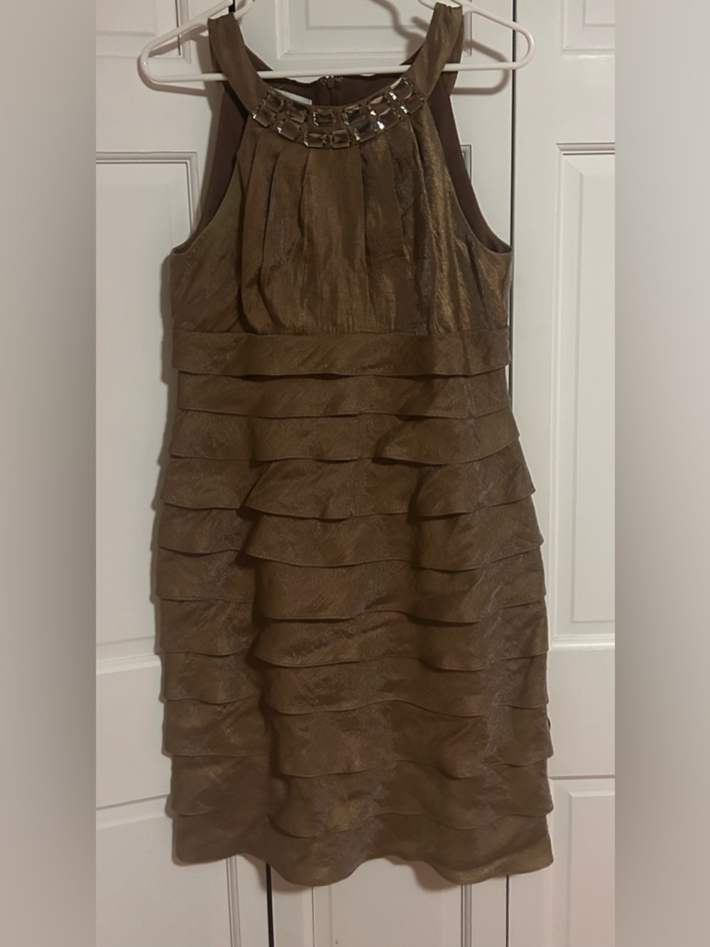 London Times  Tiered Dress in Bronze with Circular “Jeweled” Neckline